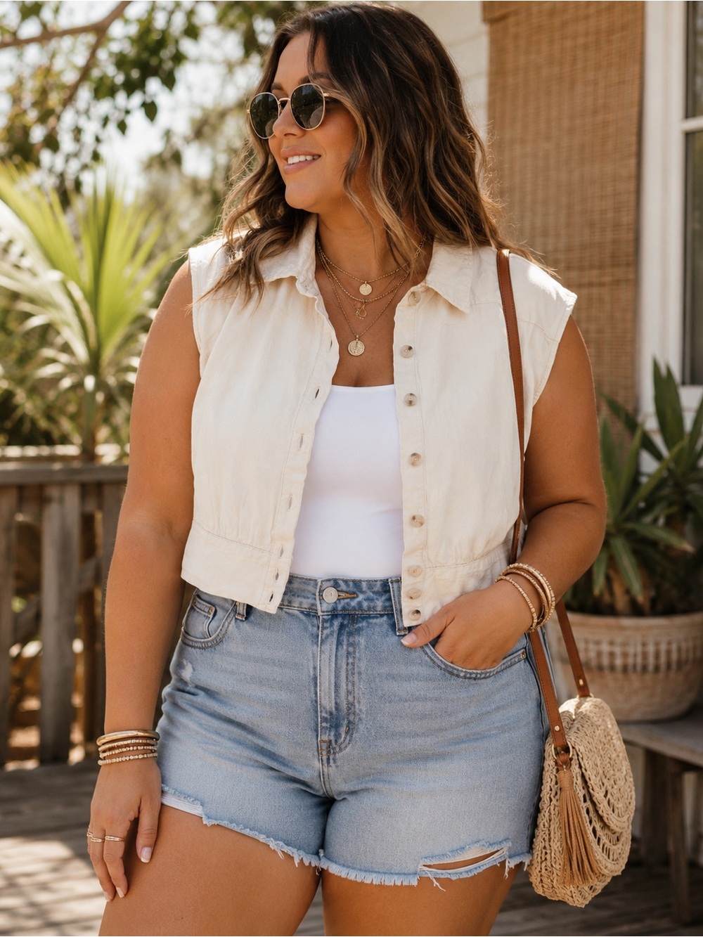 Cider Plus Size 1X Cream Cropped Button-Front Sleeveless Vest